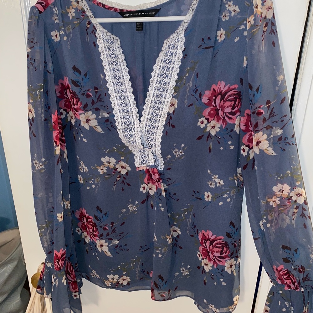 White House Black Market Blue Floral Lace-Trim Blouse